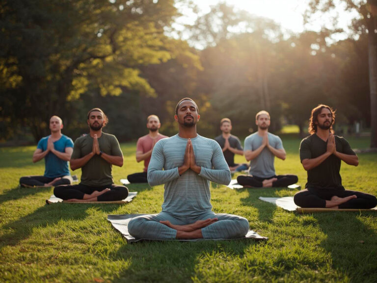 A small group of men doing deep breathing exercises