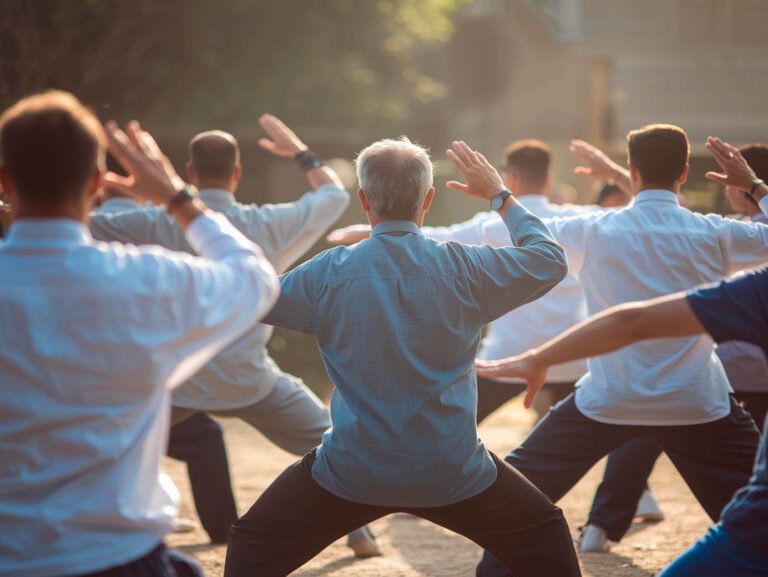 A group of men dressed in regular clothes doing tai chi with backs to us