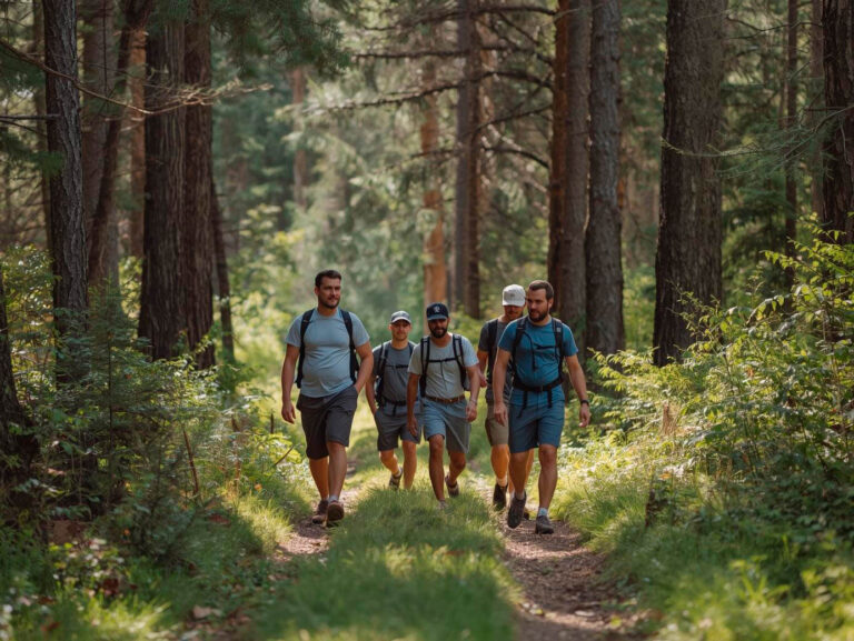 A group of men walking in the forest