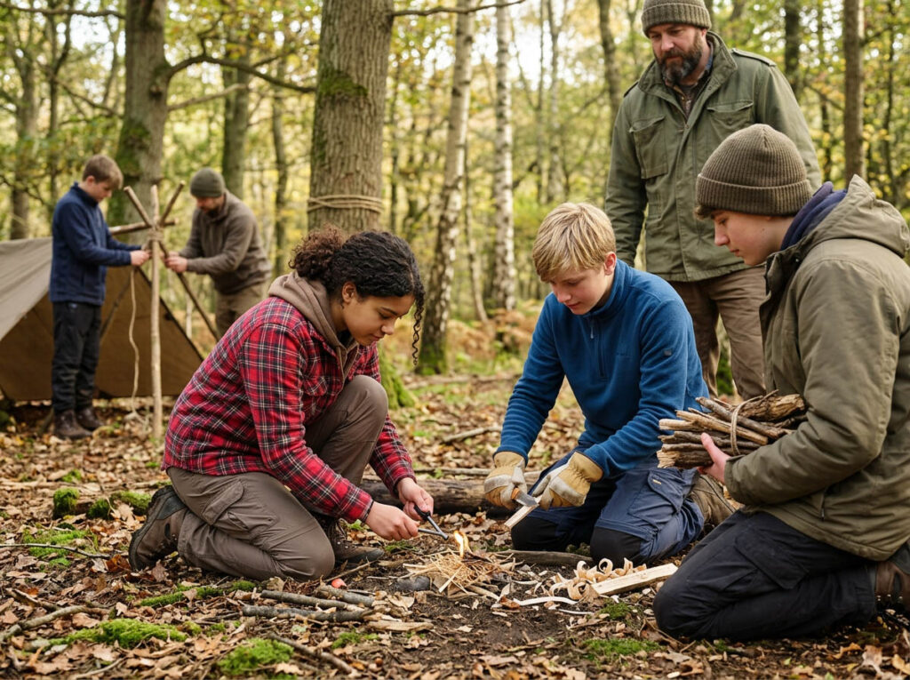Bushcraft and survival basics for teenagers - teenagers learning to light fires, handling tools safely, reading the outdoors, building practical skills, hands-on outdoor education