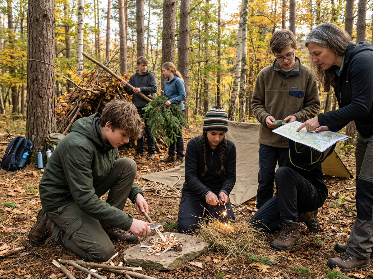 Bushcraft and survival basics for teenagers - teenagers learning to light fires, handling tools safely, reading the outdoors, building practical skills, hands-on outdoor education, survival