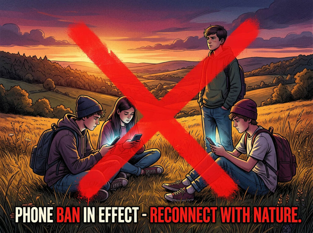Teens with phones in countryside with a big red X over the image showing they are banned