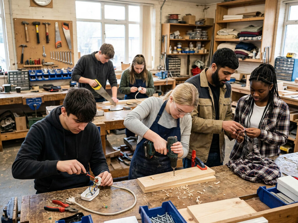 Teenagers learning practical life skills in a workshop, rewiring plugs, changing fuses, drilling and joining wood, sewing buttons, hands-on repair work, real-life skills, workshop setting