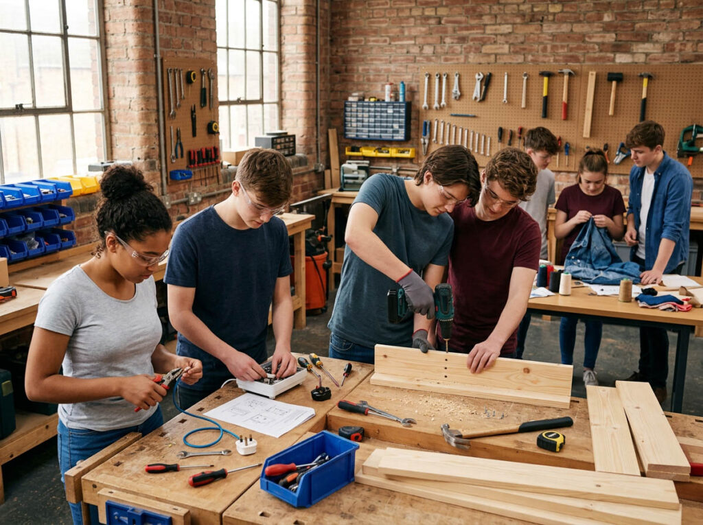 Teenagers learning practical life skills in a workshop, rewiring plugs, changing fuses, drilling and joining wood, sewing buttons, hands-on repair work, real-life skills, workshop setting