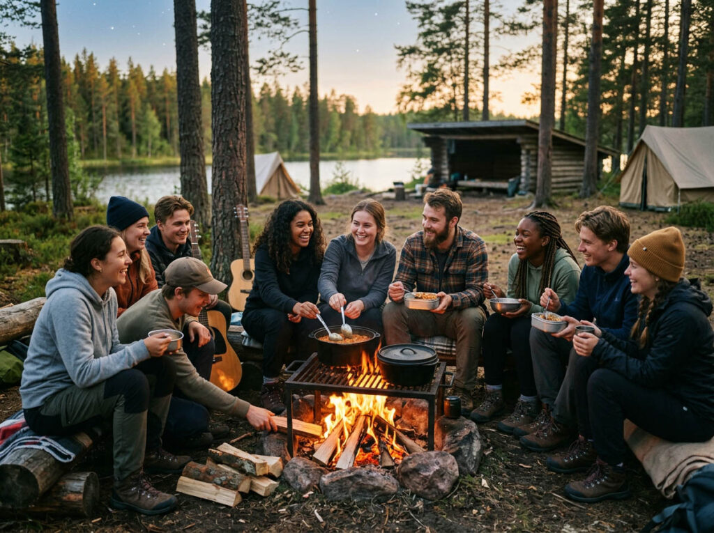Young adults aged 16-21 at outdoor camp cooking and eating together around a campfire, genuine conversations and connections