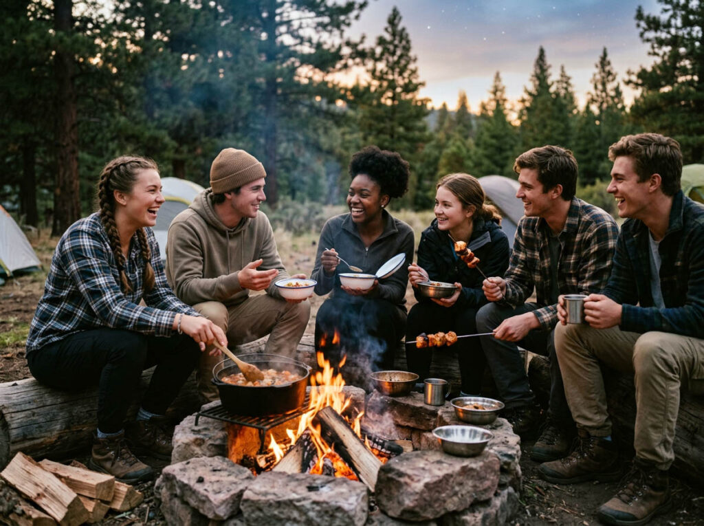 Young adults aged 16-21 at outdoor camp cooking and eating together around a campfire, genuine conversations and connections